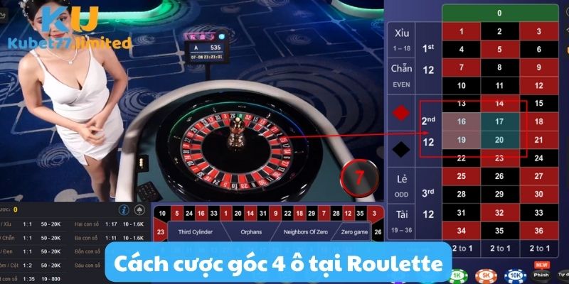 Cách cược góc 4 ô tại Roulette