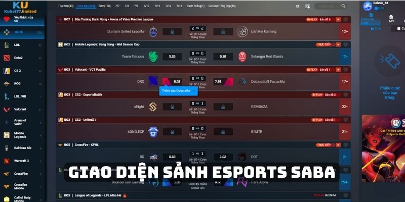 Giao diện sảnh Esports Saba