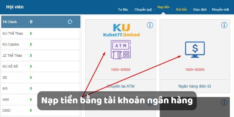 Nạp tiền bằng tài khoản ngân hàng