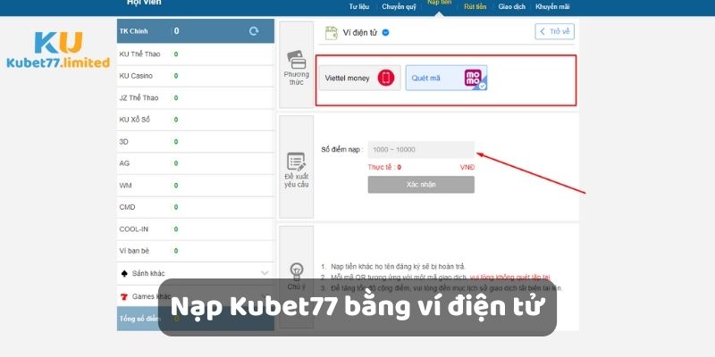 Nạp tiền Kubet77 bằng ví điện tử