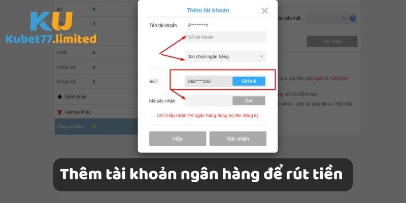 Thêm tài khoản ngân hàng để rút tiền